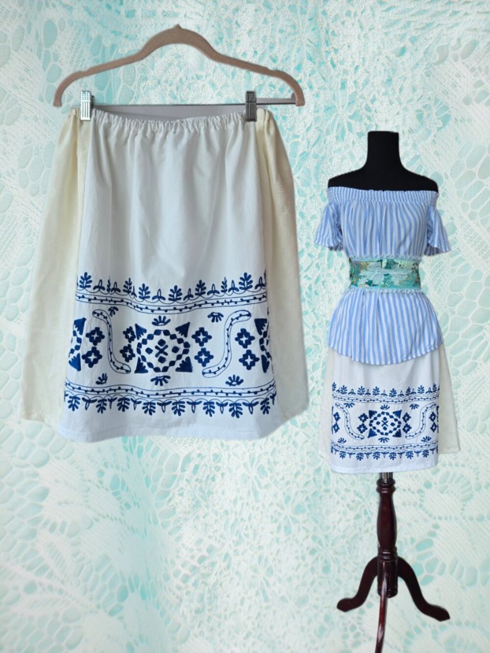 Handmade One-of-a-Kind Blue Embroidered Skirt Beachy Boho Coastal Cottagecore